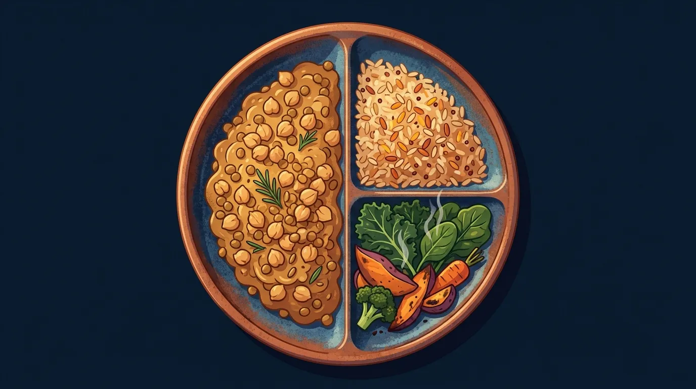 Editorial illustration of a plate divided into thirds with legumes, whole grains, and vegetables, illustrating a plant-forward meal template