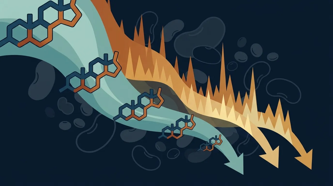 Editorial illustration of stylized scientific data visualization showing legume consumption improving LDL cholesterol and satiety markers, with muted teal and amber accents on a dark navy background