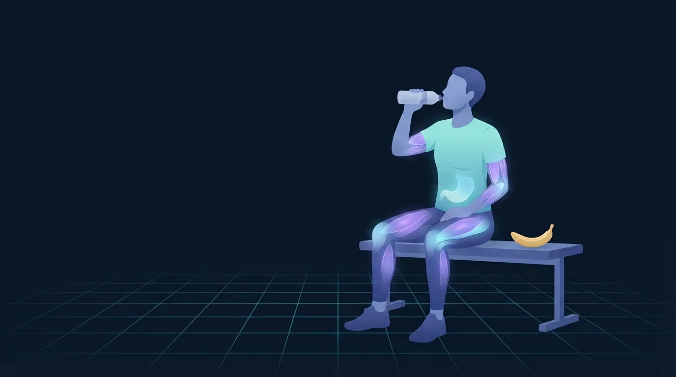 An adult sitting calmly on a bench before training with a water bottle and a banana beside them, the stomach area lit gently to show a settled gut