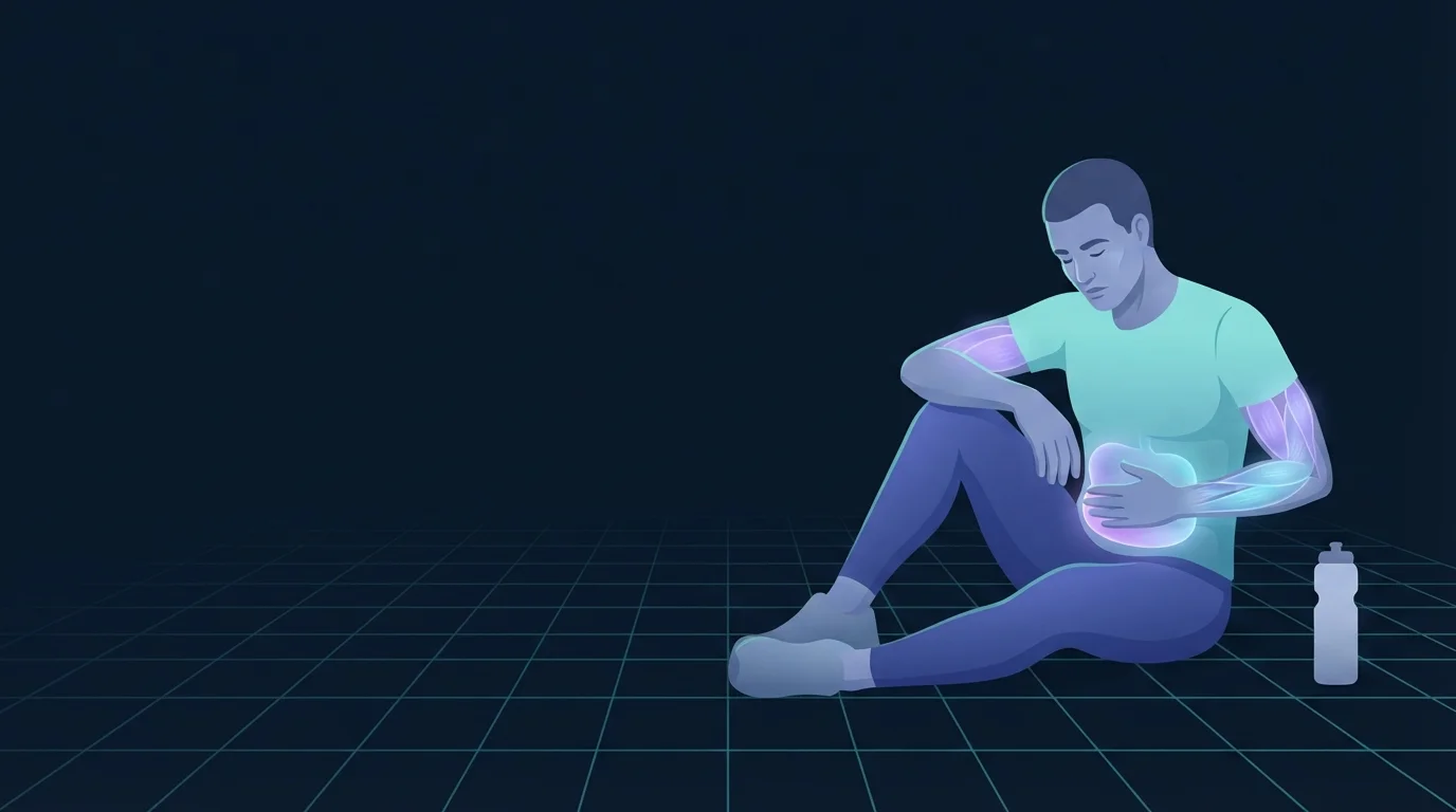An adult sitting on the floor at the end of a hard set with one hand over the stomach, the abdomen lit up to show where exercise nausea is felt