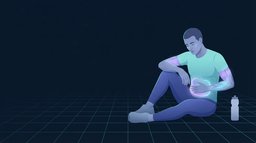 An adult sitting on the floor at the end of a hard set with one hand over the stomach, the abdomen lit up to show where exercise nausea is felt