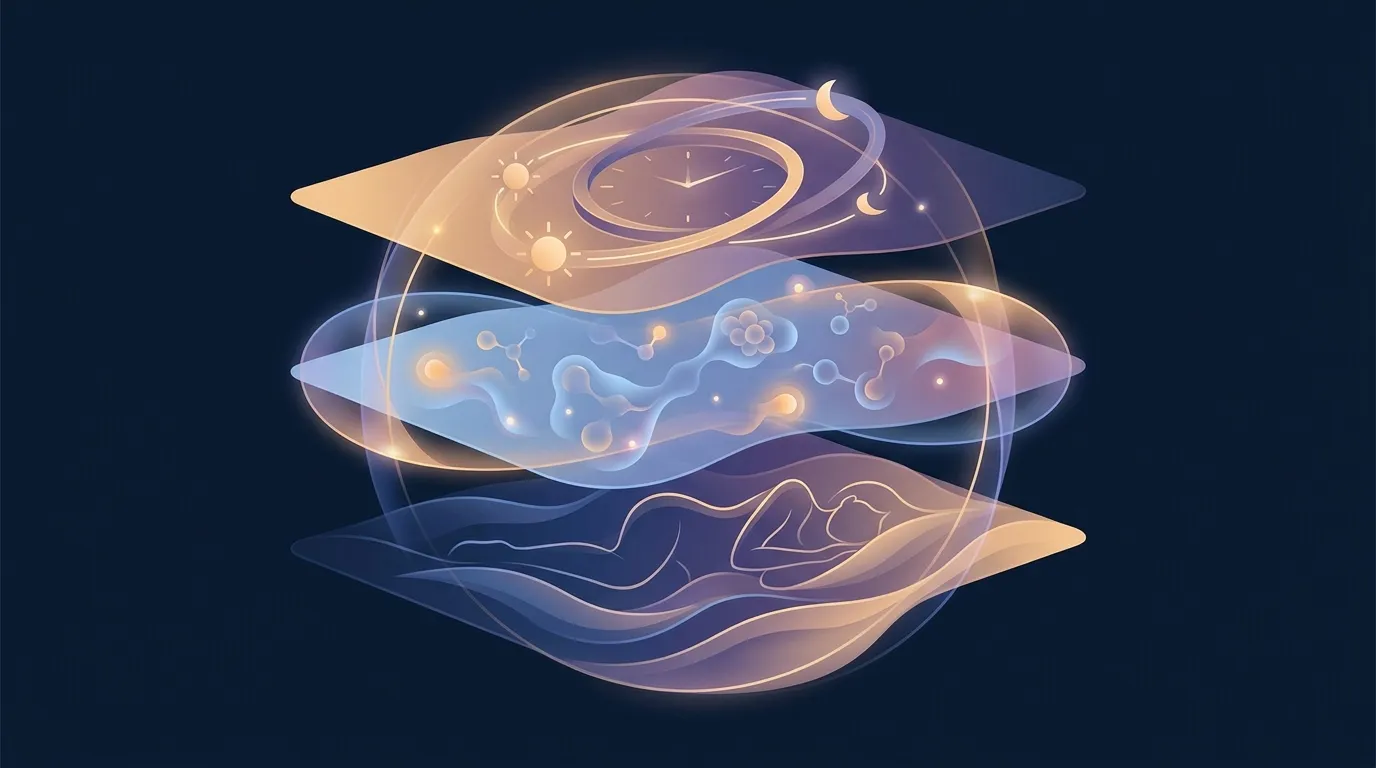 Editorial illustration showing the three drivers of nighttime overeating: circadian rhythm, late-eating hormone shifts, and short sleep
