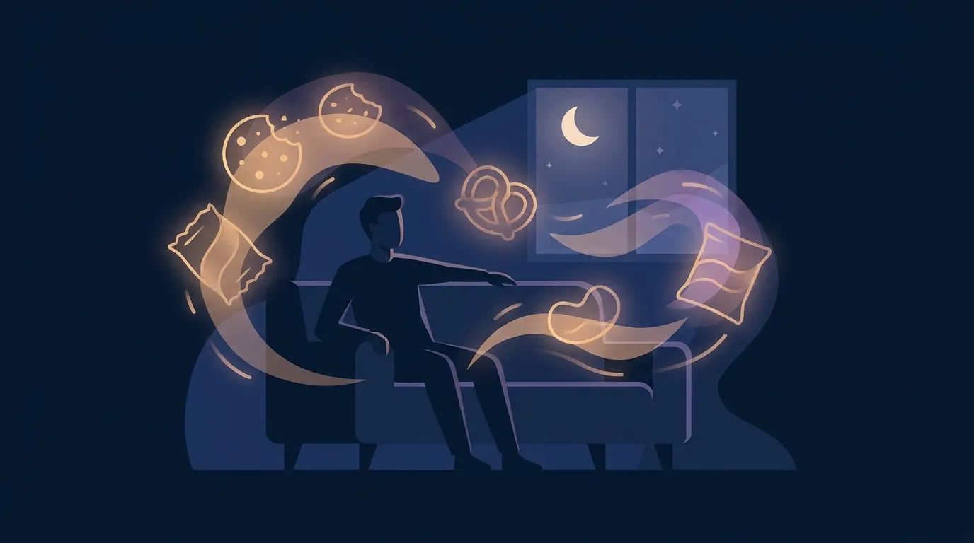 Editorial illustration of evening hunger and late-night snacking with abstract nighttime motifs