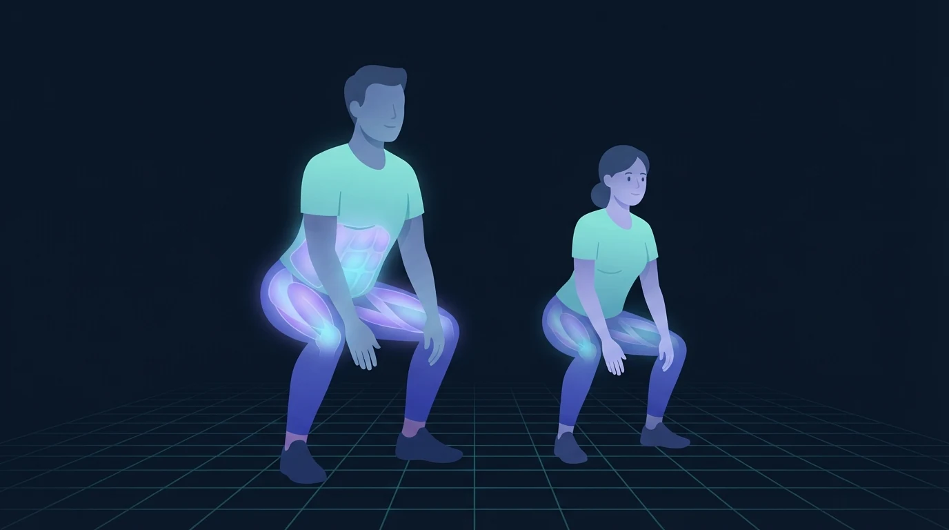 Illustration of two athletes of different body sizes holding the bottom of a squat side by side on a grid floor, the larger figure glowing more intensely across the thighs