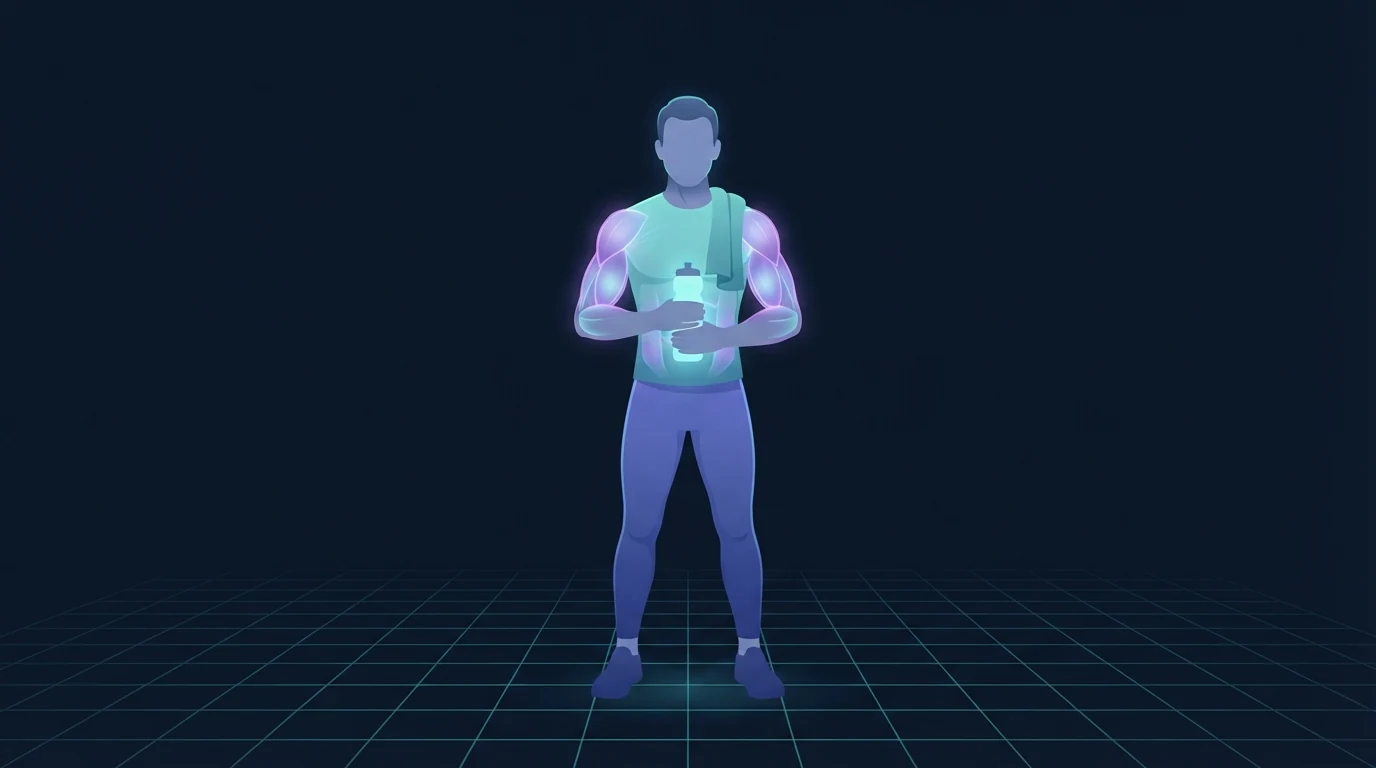 Illustration of an athlete holding a plain water bottle that glows cyan, a towel draped over the shoulder, standing on a teal grid floor after a workout