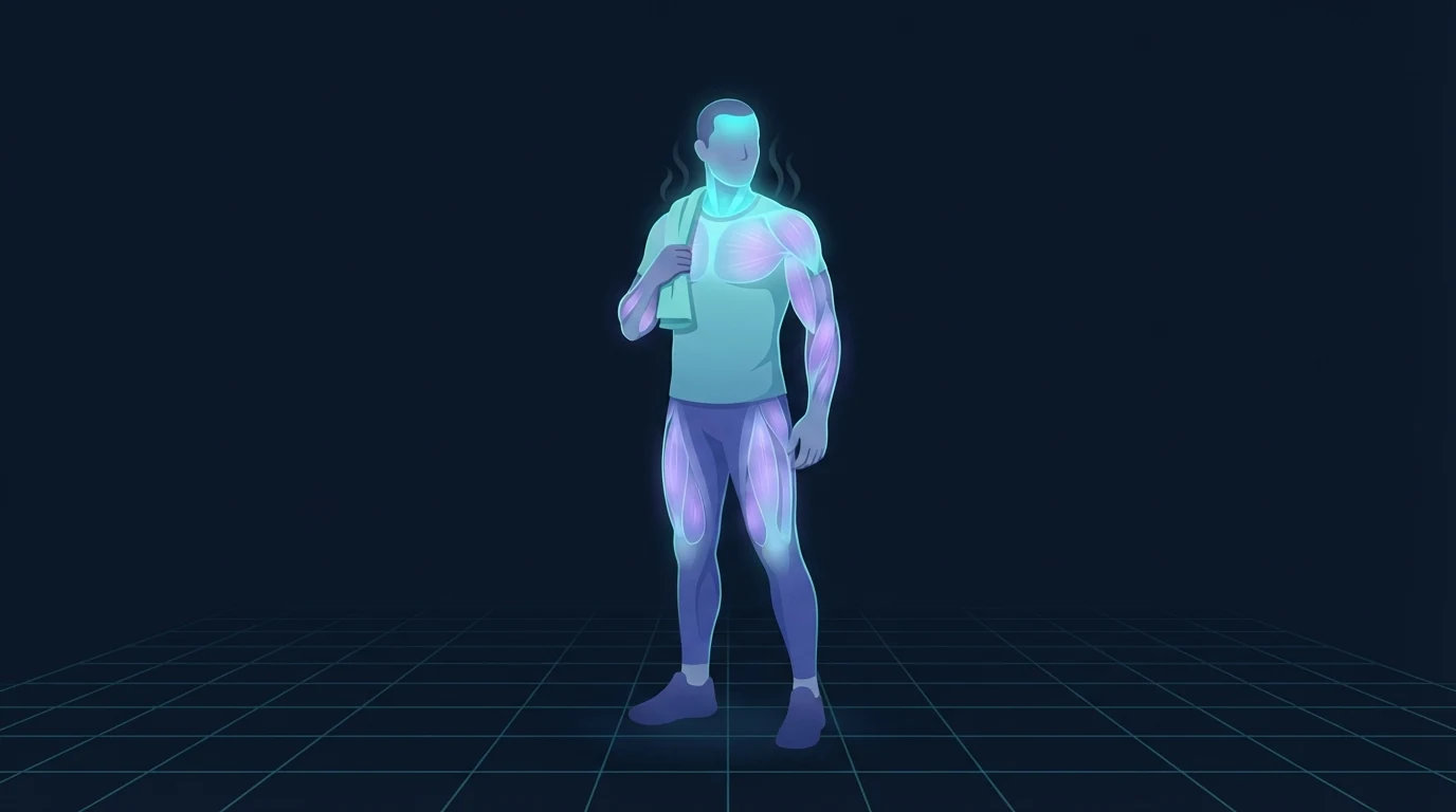 Illustration of an athlete standing after a workout with a towel over one shoulder, chest, arms and legs glowing in cool cyan and violet, faint wisps of vapor rising from the head
