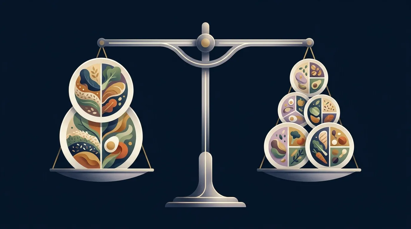 Editorial illustration of a balance scale with meals arranged on both sides, symbolizing that meal frequency does not tip weight loss outcomes in favor of any single pattern