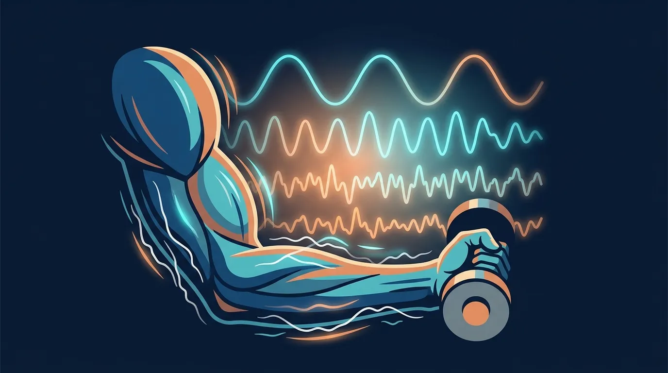 Editorial illustration of a stylized human arm contracted against a weight, with overlaid waveforms showing irregular motor unit firing patterns