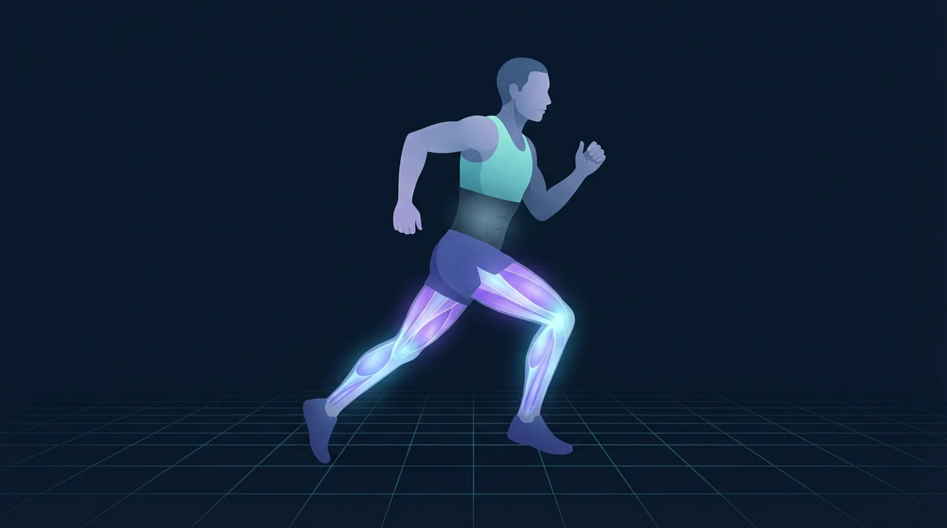 A runner seen from the side at speed with the thigh and calf muscles glowing brightly while the mid-abdomen sits dim and cool, showing blood prioritized to the legs