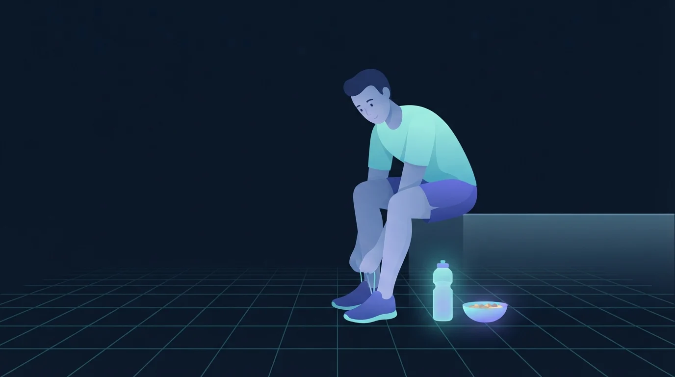 A runner in kit sitting on a low wall lacing a shoe beside a plain water bottle and a small bowl of food on the ground, the bottle glowing softly in cool light