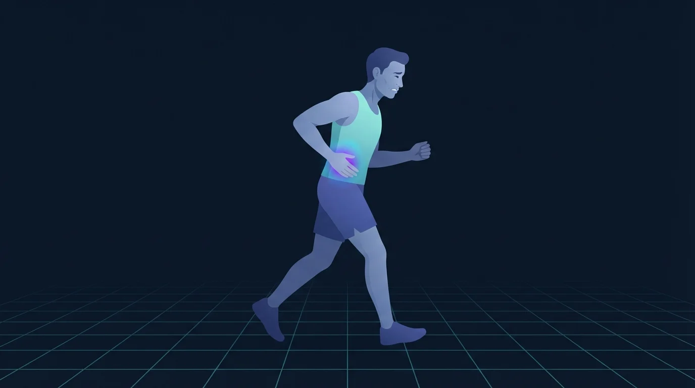 A runner mid-stride with a pained expression, one hand pressed firmly under the lower ribs on one side, that patch of the torso glowing to mark a sharp localized pain
