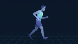 A runner mid-stride with a pained expression, one hand pressed firmly under the lower ribs on one side, that patch of the torso glowing to mark a sharp localized pain