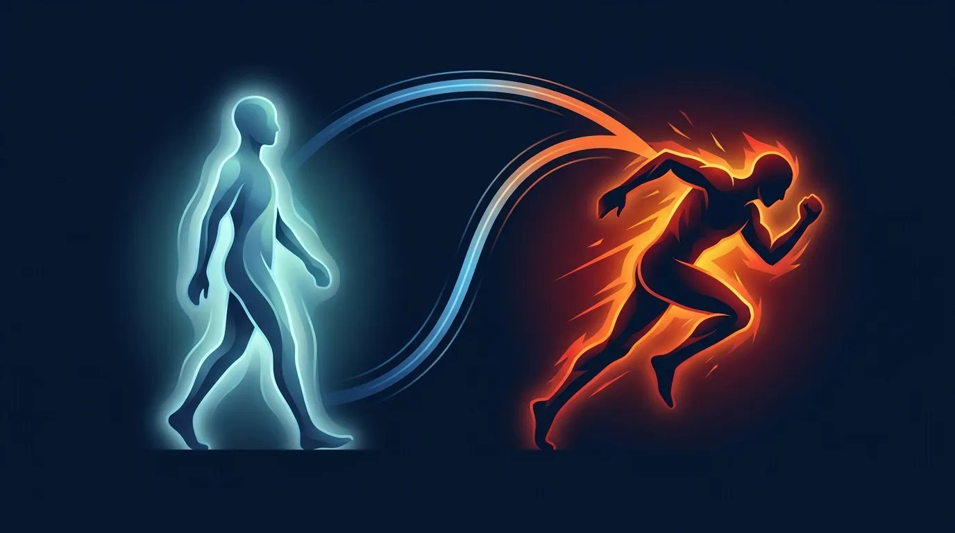 Conceptual diagram of how exercise affect changes by intensity with two athletic figures one experiencing pleasant feelings at conversational pace and another experiencing unpleasant feelings at high intensity above the ventilatory threshold