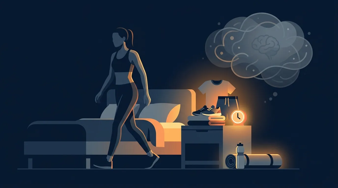 Conceptual illustration of an athletic figure surrounded by environmental design cues like a prepared gym bag scheduled calendar block and prepared workout clothes contrasted with a discarded brain icon labeled willpower to convey that environment beats discipline for fitness consistency