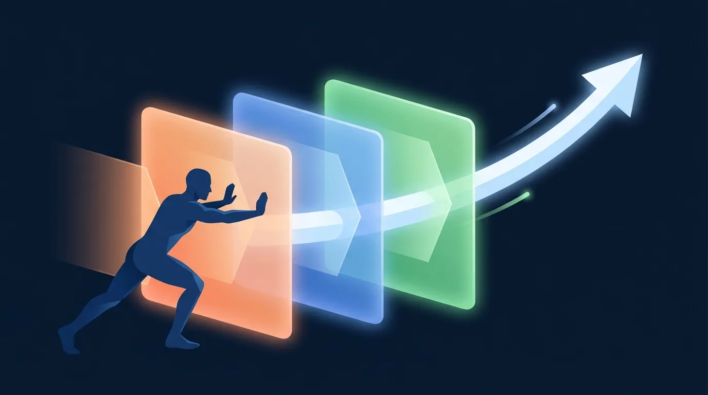 Conceptual illustration of an athletic figure pushing through structural barriers labeled as habit formation, exercise discomfort, and individual response variability to show that getting in shape is structurally hard not a discipline problem
