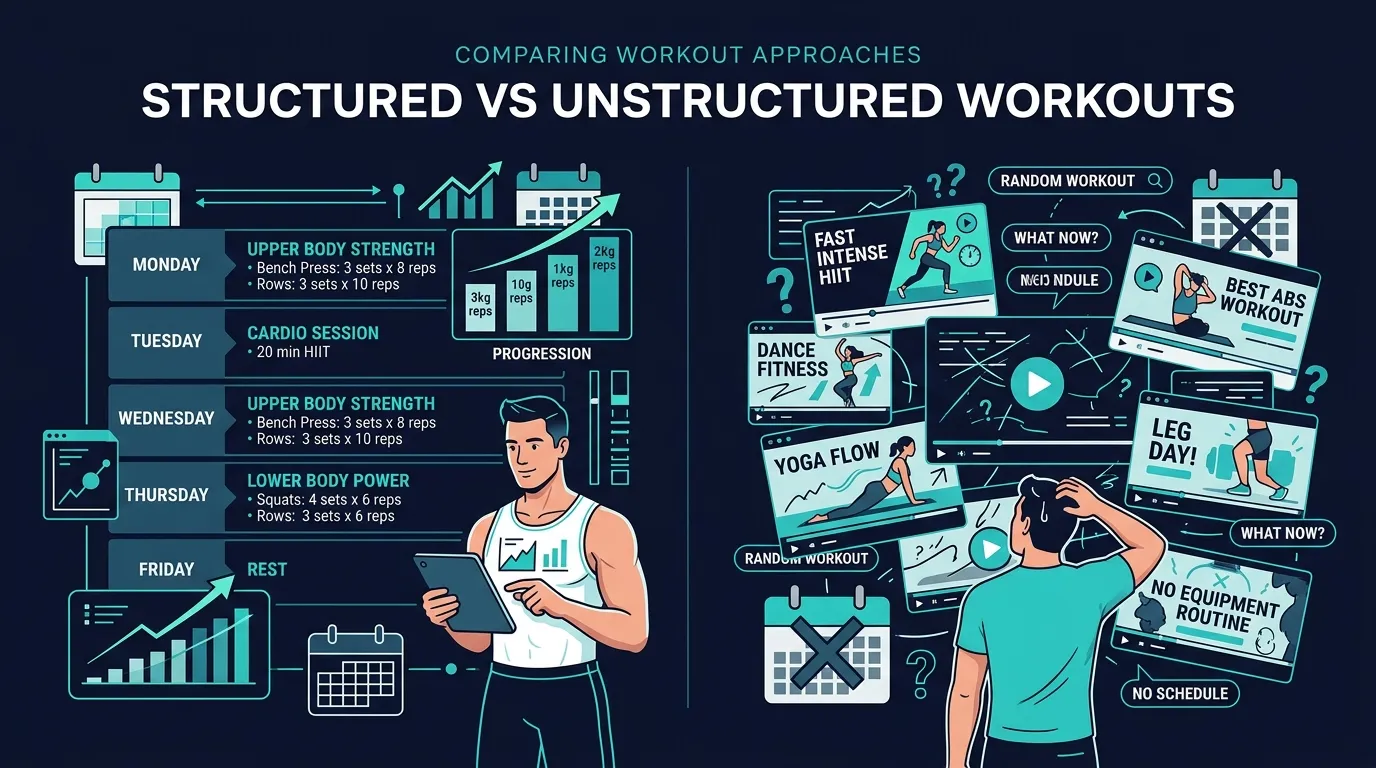 Workout Structured Vs Unstructured — visual guide for the The Problem with YouTube Workouts: Why Free Doesn't Mean Effective section