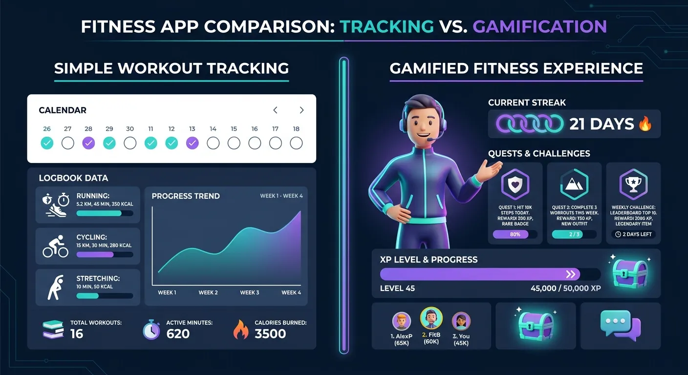 Side-by-side comparison of FitCraft gamified AI coaching versus Hevy workout tracking app interfaces