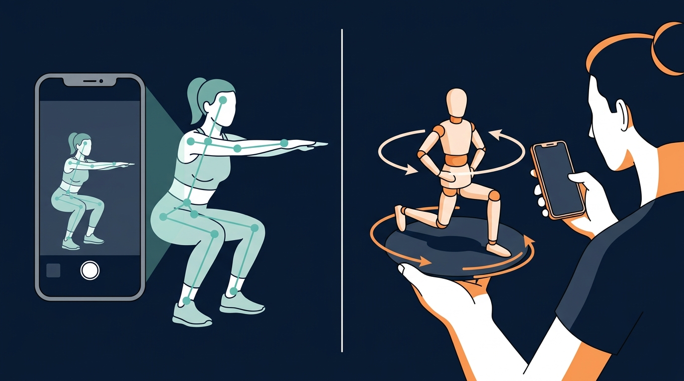 Illustration comparing camera-based form tracking with interactive 3D exercise demonstration in fitness apps