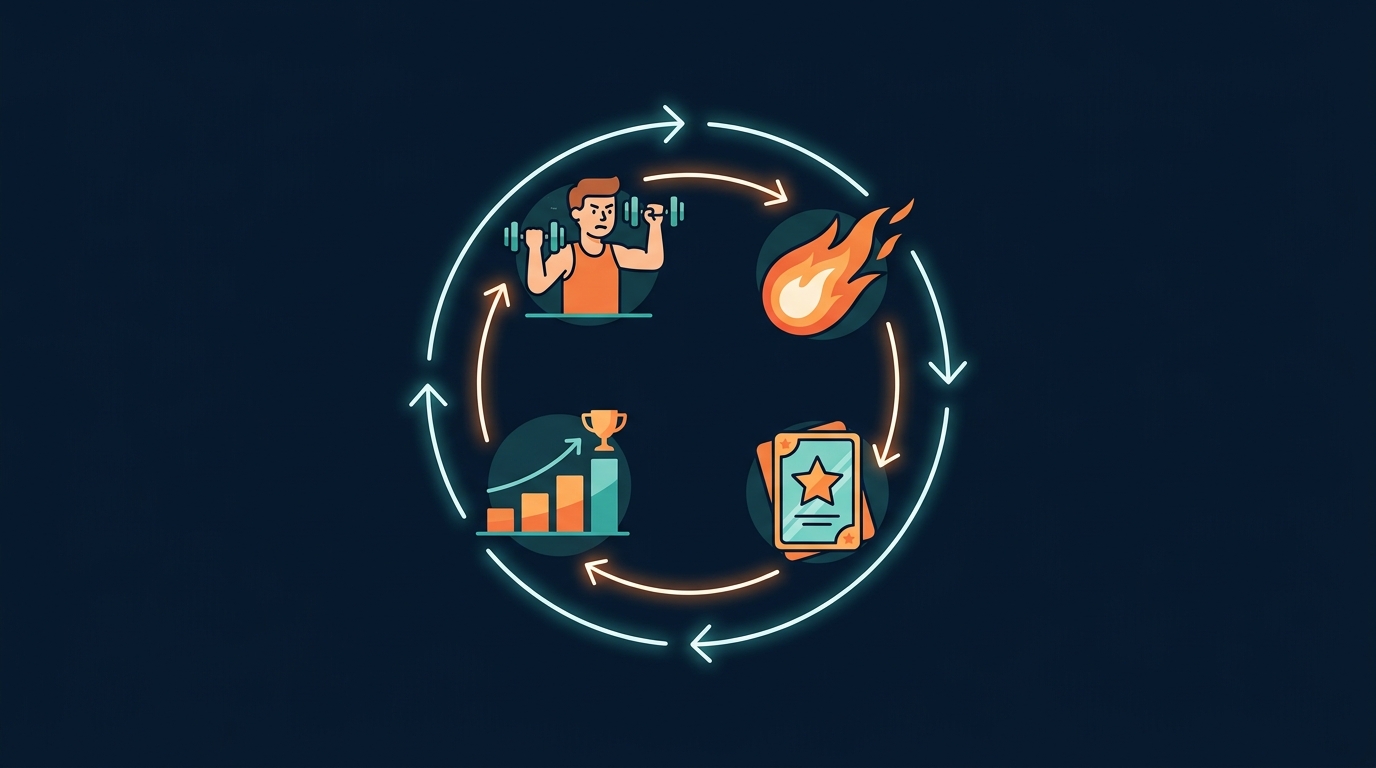 Illustration of a gamified fitness motivation loop with streaks, experience points, and collectible rewards driving workout consistency