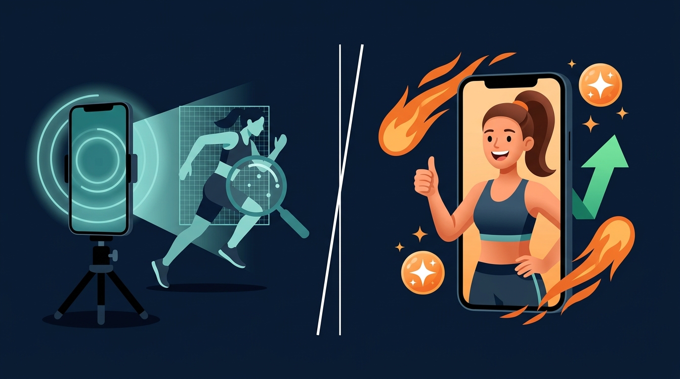 Editorial illustration contrasting Zing Coach's measurement-based approach with FitCraft's 3D coach and gamification approach