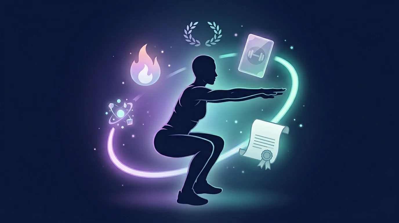 Silhouette athlete performing a barbell back squat surrounded by gamified fitness elements — a glowing XP progression arc, streak flame, quest scroll, and laurel crown