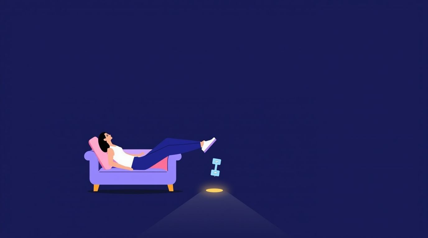 Illustration of a lazy workout with low activation energy: one small step from the couch to a first session