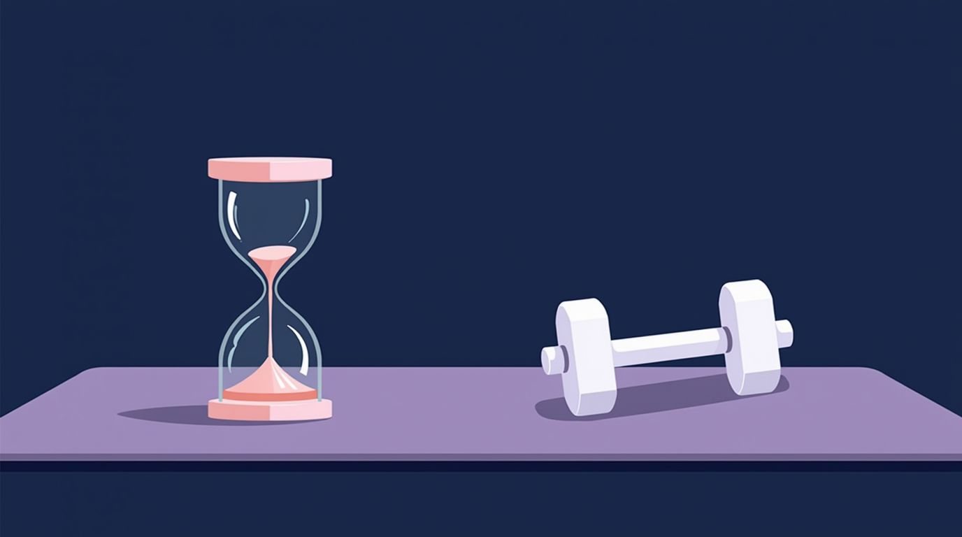 Ten minute short workout session concept with hourglass and light dumbbell