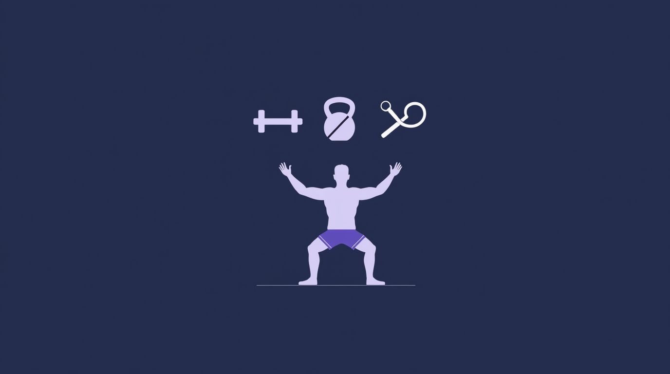 No equipment needed: crossed-out gear icons above a bodyweight squat