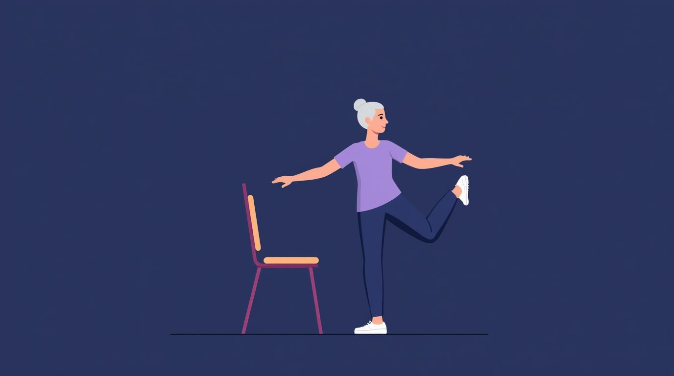 Balance exercise for adults over 50 with chair support nearby