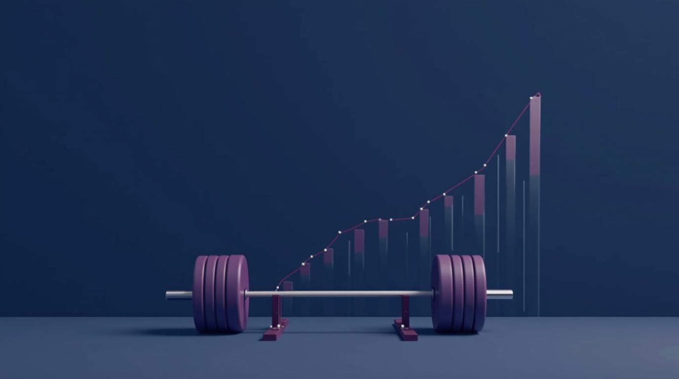 Barbell with rising adherence curve representing strength apps ranked by week-8 retention