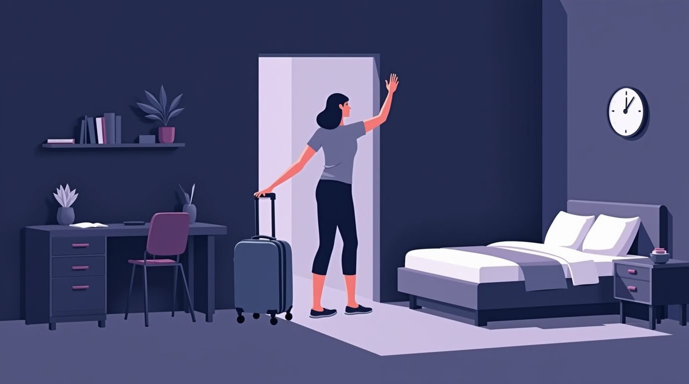 Hotel room workout in the small space between bed and desk while traveling