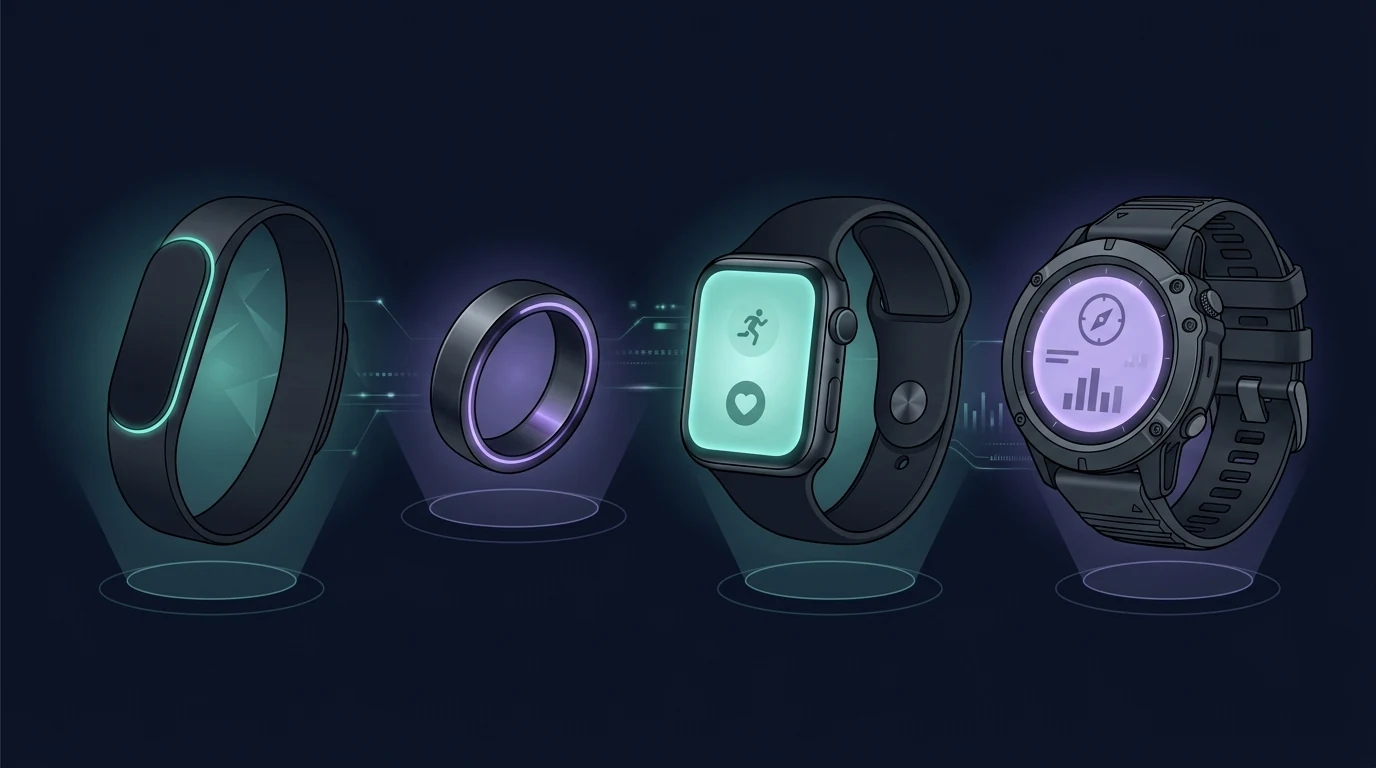 Conceptual illustration comparing four recovery wearables, a screenless band, a smart ring, a smartwatch, and a multisport GPS watch, arranged to show their different form factors and recovery-tracking philosophies
