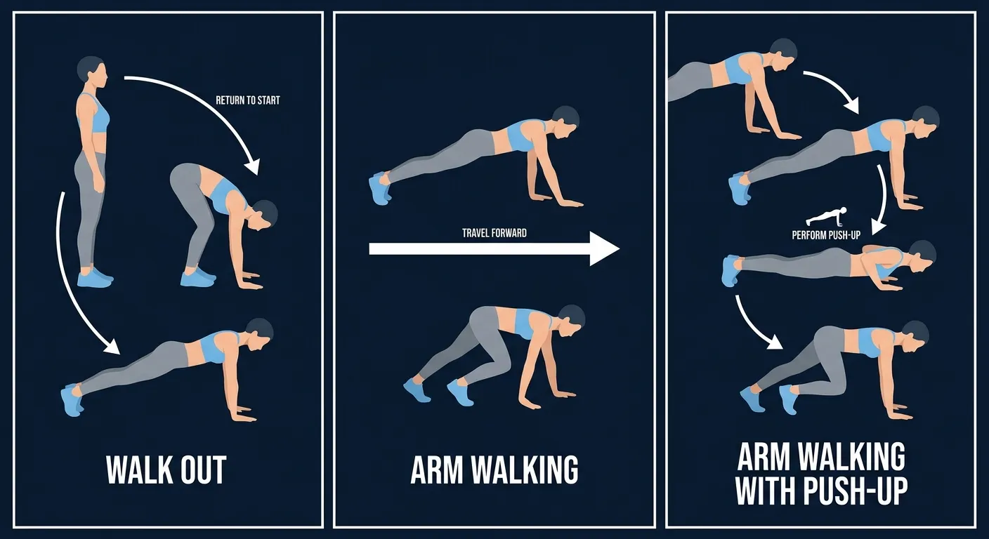 Arm walking progressions: stationary walk out, traveling arm walking, and arm walking with a push-up added at each plank