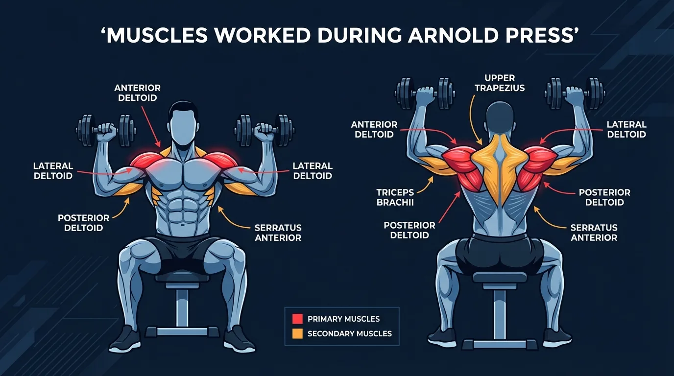 Arnold press muscles targeted: anterior deltoid, lateral deltoid, and posterior deltoid as primary movers, with triceps brachii, upper trapezius, serratus anterior, and rotator cuff assisting during the rotational pressing movement