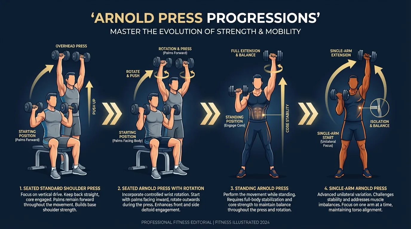 Arnold press progression sequence from seated standard dumbbell shoulder press to seated Arnold press to standing Arnold press to single-arm Arnold press, showing increasing balance and stability demand