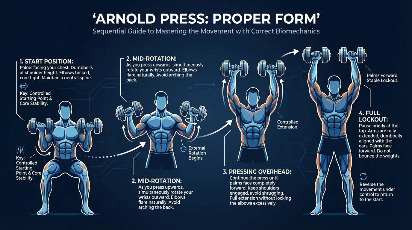 Arnold press proper form sequence showing four positions: starting curl position with palms facing body, mid-rotation with elbows tracking up and out, pressing overhead, and full lockout with palms forward and arms extended