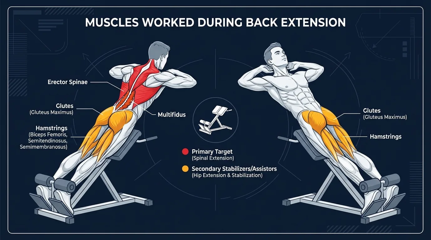 Back extension muscles targeted diagram showing erector spinae as primary movers, glutes and hamstrings assisting, and deep spinal stabilizers (multifidus, quadratus lumborum, transverse abdominis) working isometrically during the prone lift