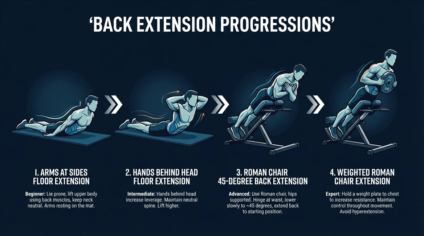 Back extension progression sequence from arms-at-sides beginner variation to hands-behind-head intermediate version to 45-degree Roman chair to weighted Roman chair back extension, showing increasing demand at each step