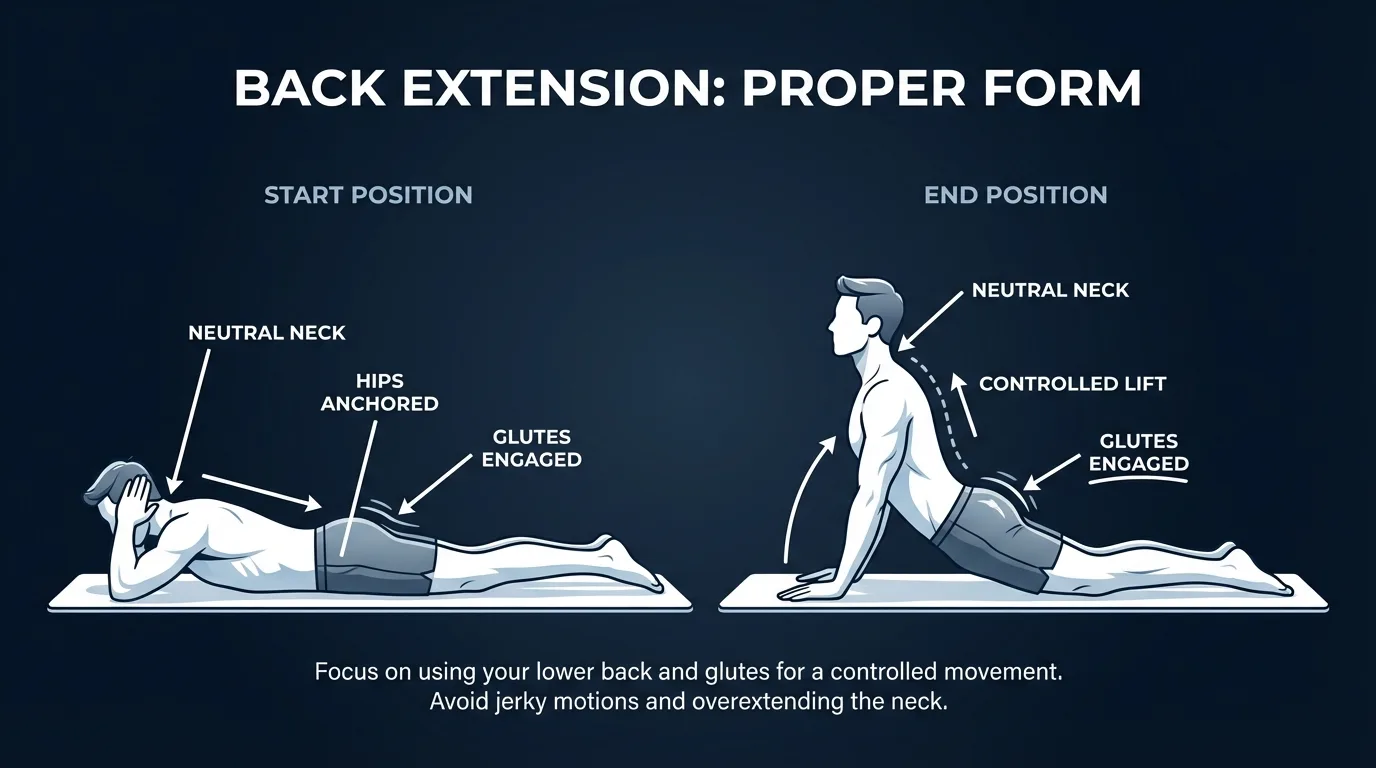 Back extension proper form sequence showing the starting position face down with arms positioned, then the lifted position with controlled spinal extension, neutral neck alignment, and hips anchored to the floor