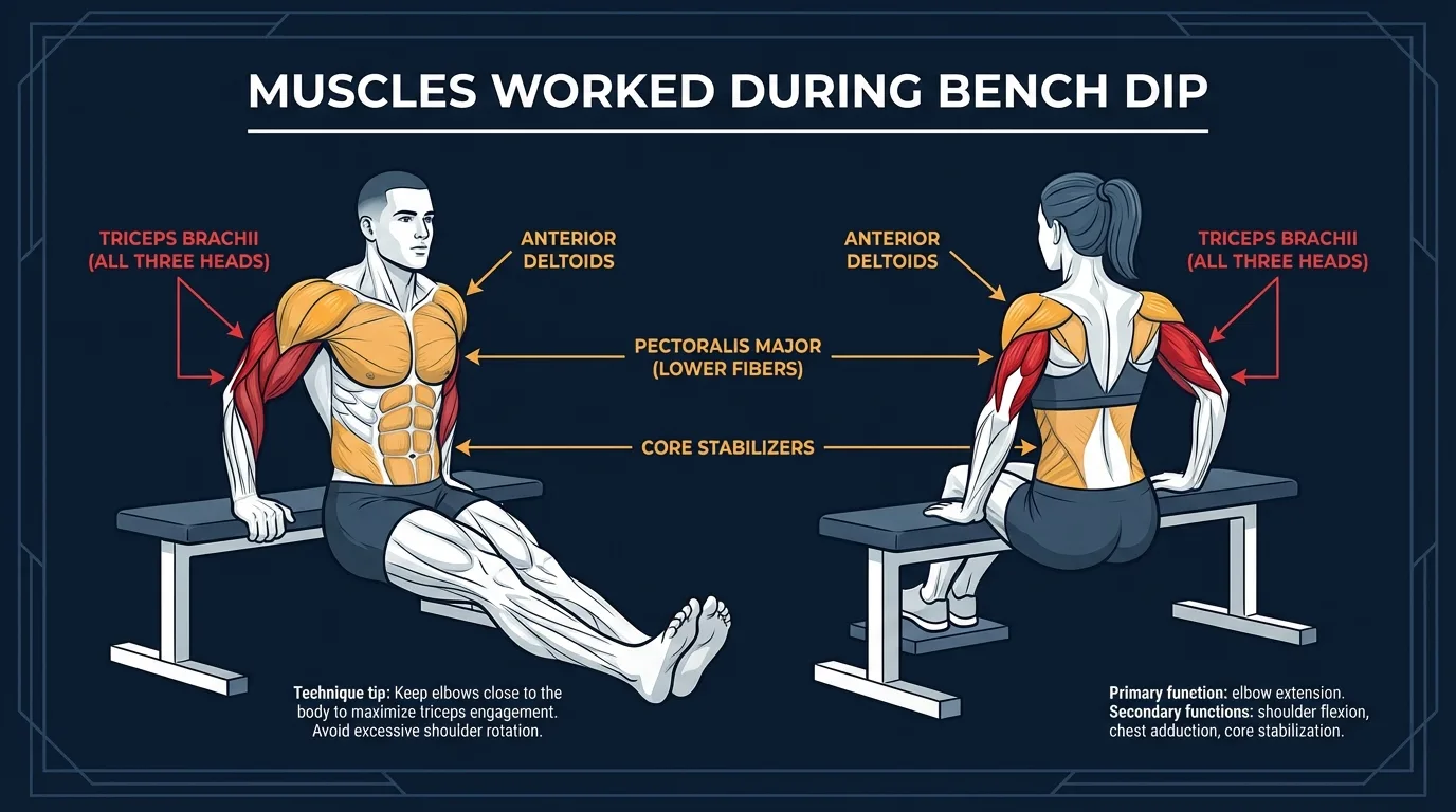 Bench dip muscles activated: triceps brachii (long, lateral, and medial heads) as primary movers, with anterior deltoids and lower pectoralis major as secondary movers, and the core, scapular stabilizers, and rotator cuff working isometrically