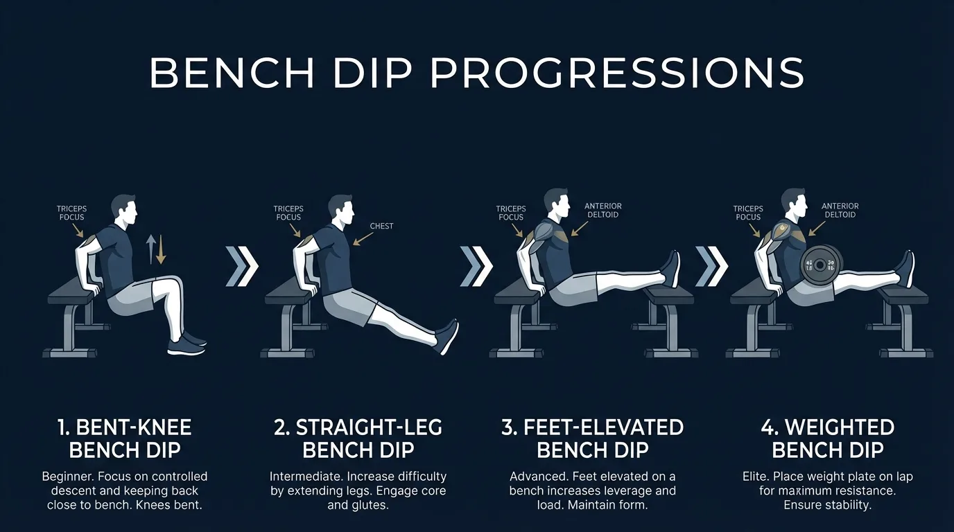 Bench dip progression sequence from bent-knee (beginner) to straight-leg (intermediate) to feet-elevated (advanced) to weighted bench dip (advanced) with a plate on the lap