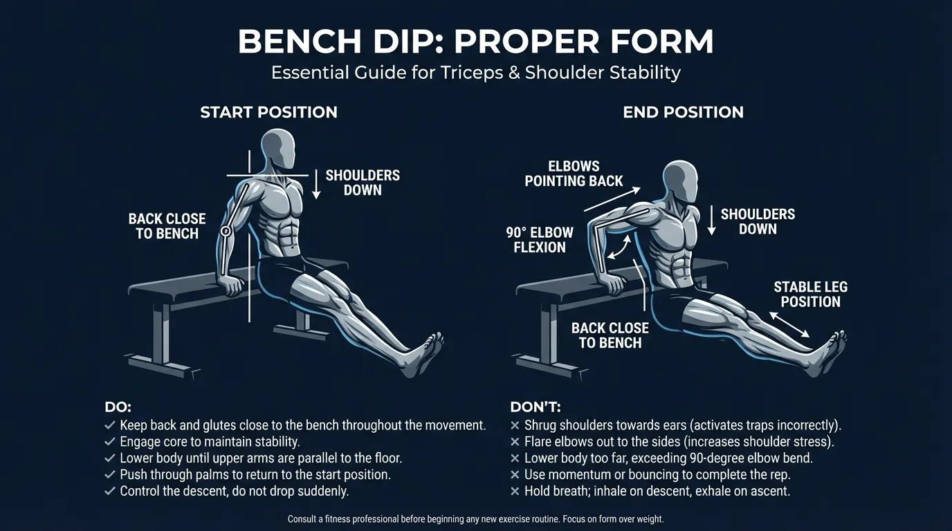 Bench dip proper form: start position with arms fully extended on the bench edge and lowered position with elbows at 90 degrees, back glued to the bench, shoulders pulled down and back