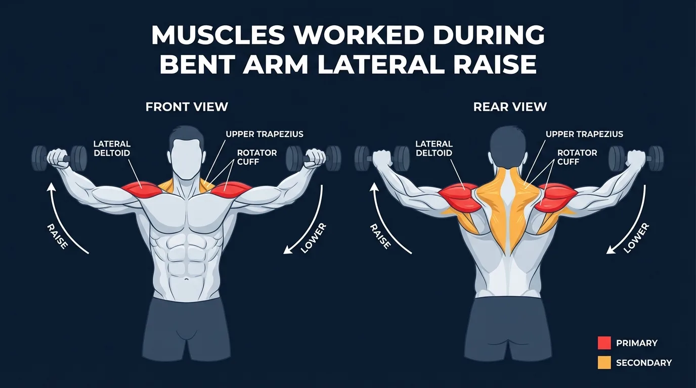 Bent arm lateral raise muscles activated: medial deltoid as the primary mover, anterior deltoid and supraspinatus assisting, and upper trapezius stabilizing the scapula during shoulder abduction with a 90-degree elbow bend