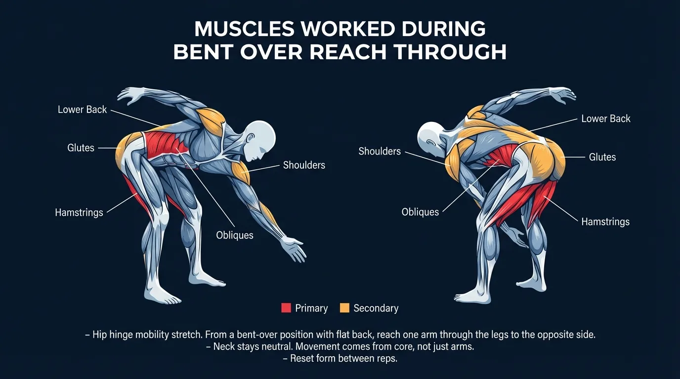 Bent-over reach-through muscles targeted: thoracic spine rotators and obliques as primary movers, with the erector spinae, glutes, and hamstrings holding the hip hinge isometrically