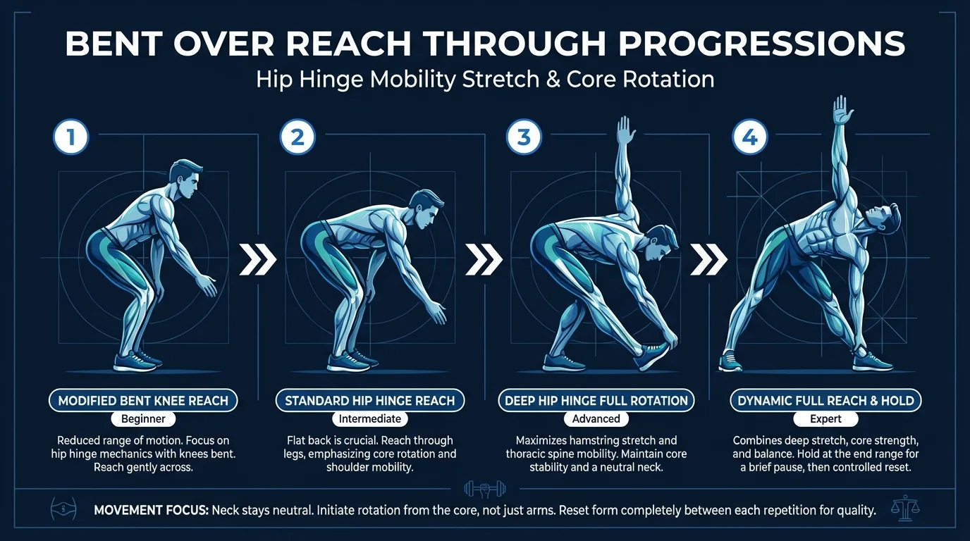Bent-over reach-through variations from quadruped thread-the-needle regression to full arm extension and resistance band progressions