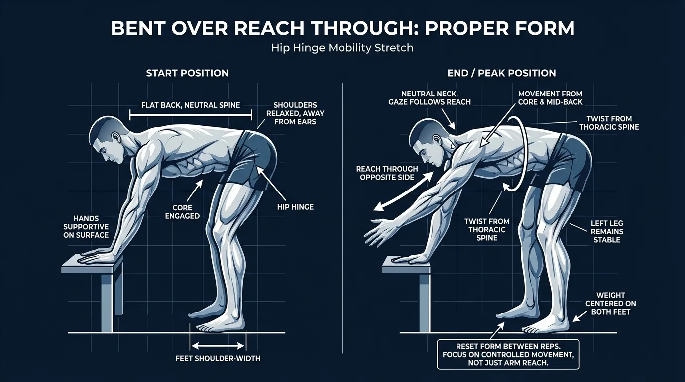 Bent-over reach-through proper form showing hip-hinge position with elbow reaching under torso then rotating open toward ceiling