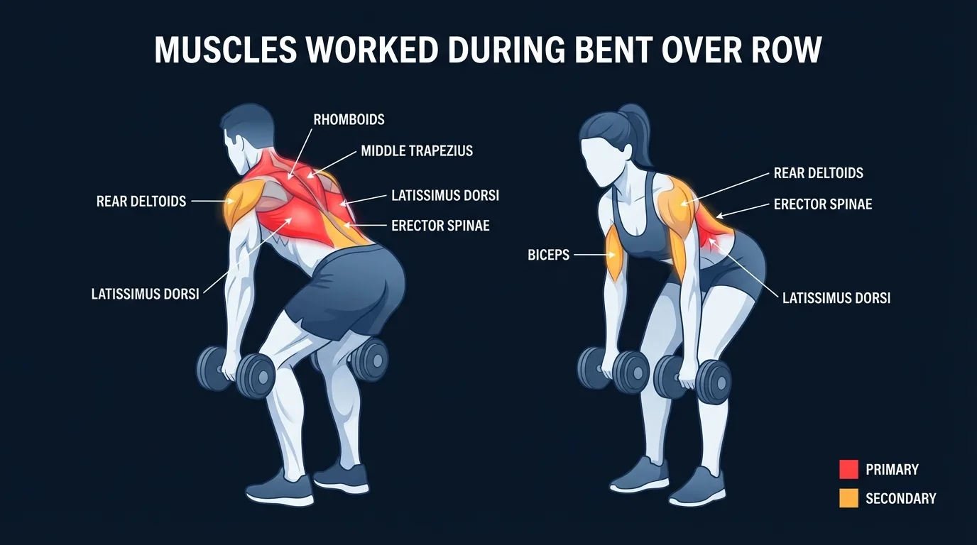 Bent-over row muscles activated: latissimus dorsi, rhomboids, and middle trapezius as primary movers, with rear deltoids, biceps, forearms, and erector spinae as secondaries and stabilizers during the dumbbell rowing movement