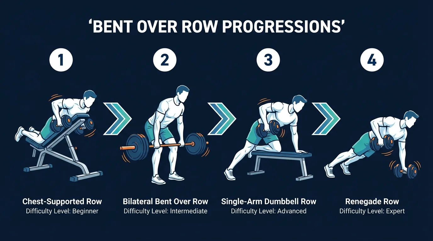Bent-over row progression path from chest-supported row to bilateral bent-over row to single-arm row to renegade row, showing increasing difficulty and stability demand