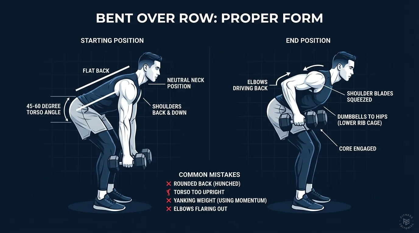 Dumbbell bent-over row proper form showing the hip hinge position with flat back, 45-60 degree torso angle, neutral grip on dumbbells, and elbows driving back past the torso