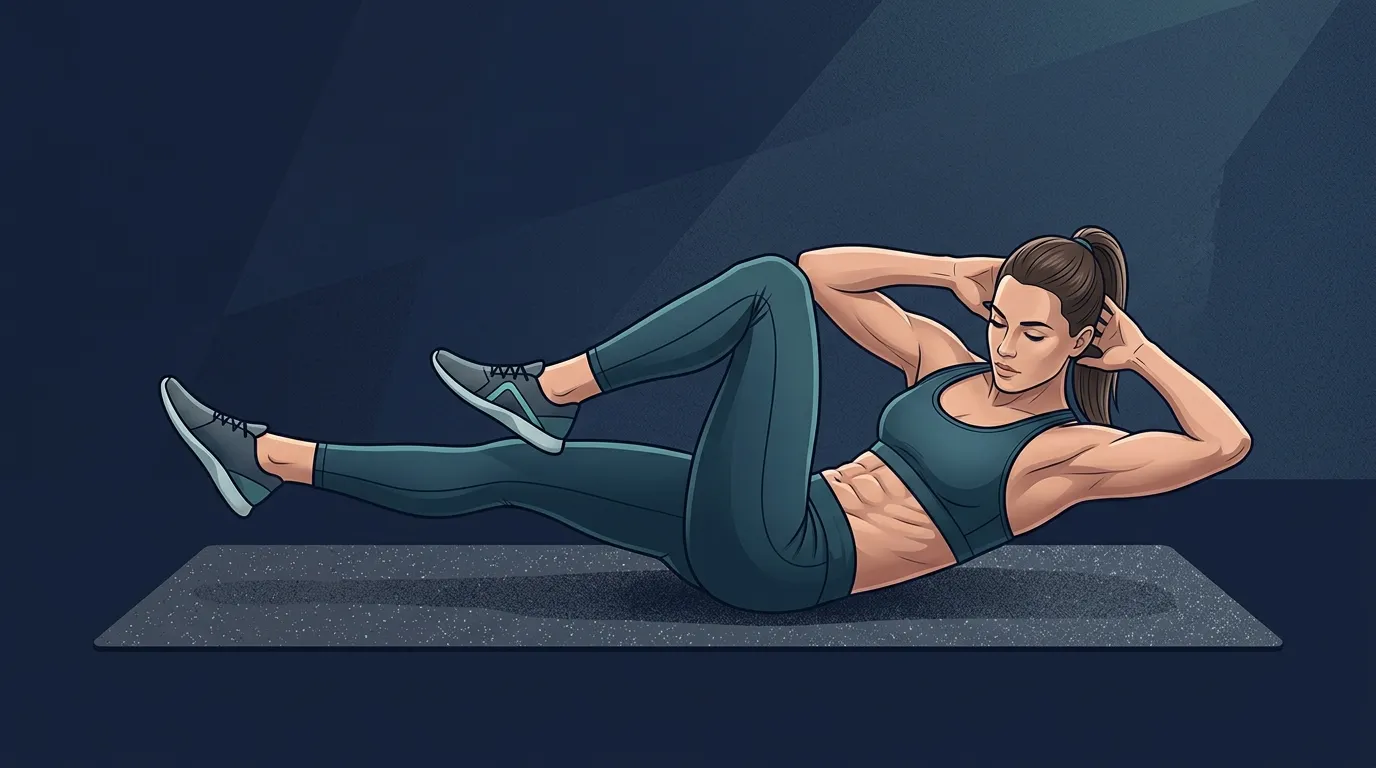 Bicycle crunch proper form: elbow rotating across to the opposite knee, shoulders lifted off the floor, lower back pressed flat, opposite leg extended and hovering